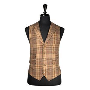 Mens Plaid Wool Vest 42R Tan Orange Waistcoat Groom Wedding Party Formal Casual